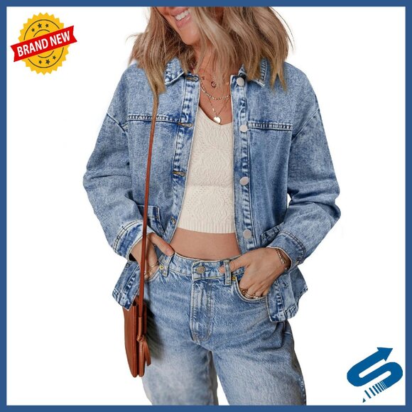 Oversized Denim Jacket Women's Button Down Boyfriend Fit Cotton Blend